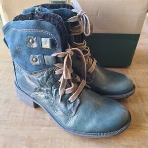 Josef Seibel Sandra Teal Green Leather Boots Womens 37 Lace-Up Fleece Combat NEW